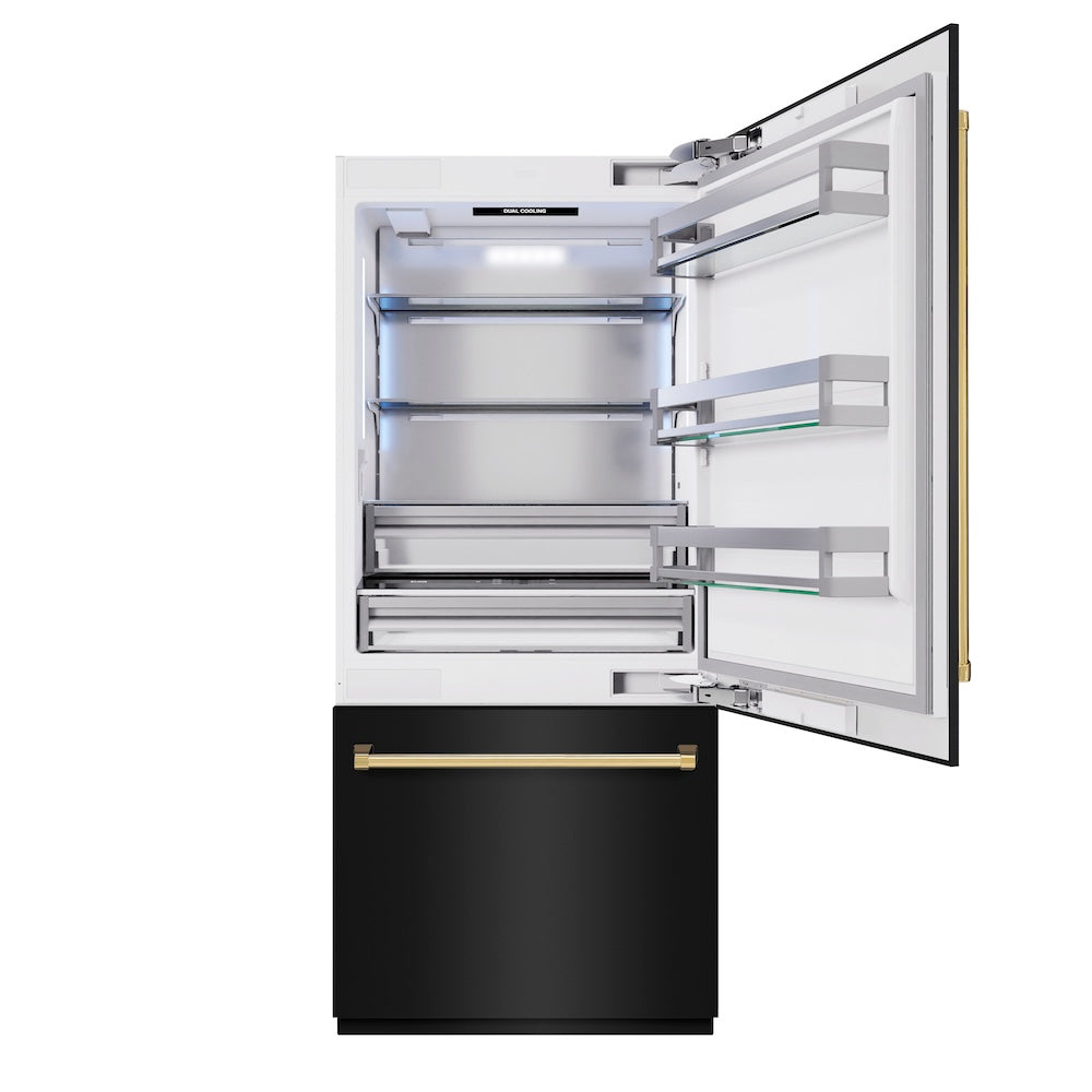 ZLINE Autograph Edition 36 in. 19.8 cu. ft. Built-In Bottom Freezer Refrigerator with Water Dispenser and Ice Maker in Black Stainless Steel and Polished Gold Accents (RBITZ-BS-36-G)