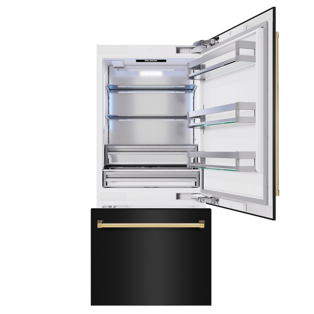 ZLINE Autograph Edition 36 in. 19.8 cu. ft. Built-In Bottom Freezer Refrigerator with Water Dispenser and Ice Maker in Black Stainless Steel and Polished Gold Accents (RBITZ-BS-36-G)