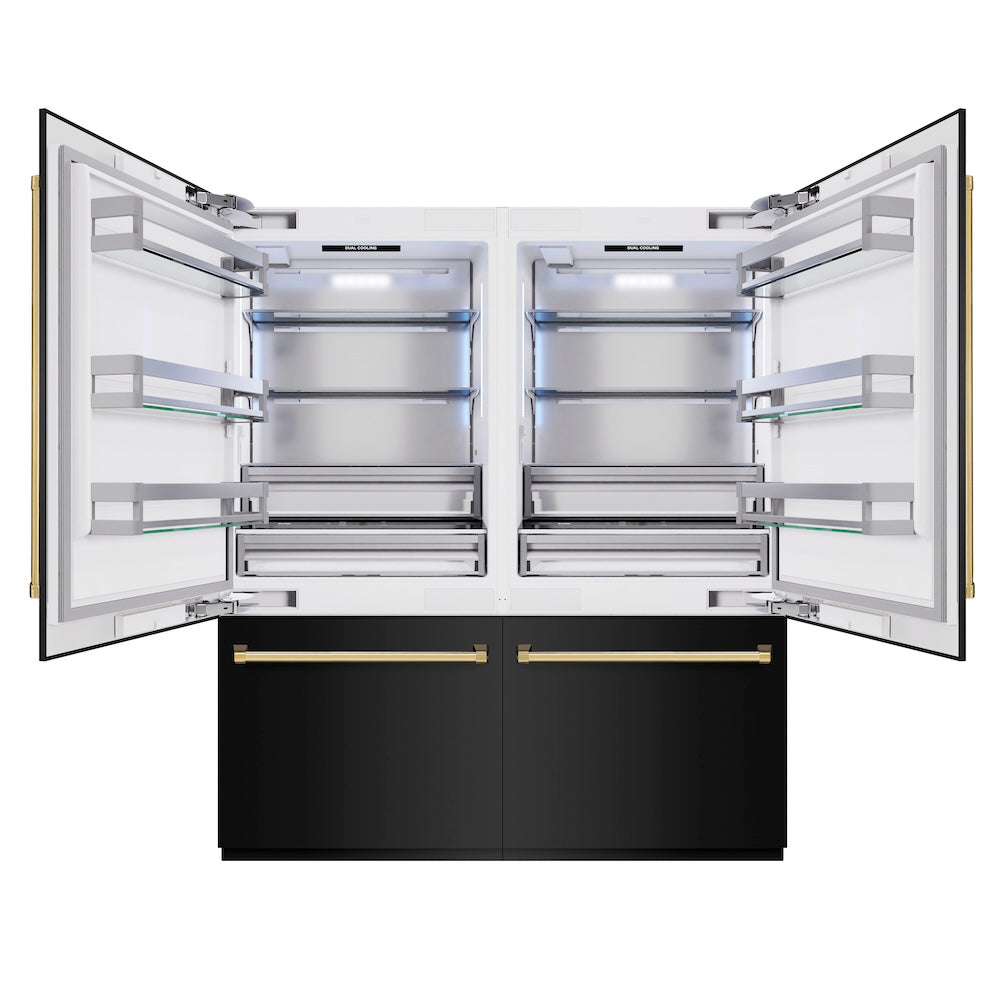 ZLINE Autograph Edition 72 in. 39.6 cu. ft. French Door Built-In Bottom Freezer Refrigerator with Water Dispensers and Ice Makers in Black Stainless Steel and Polished Gold Accents (RBITZ-BS-72-G)