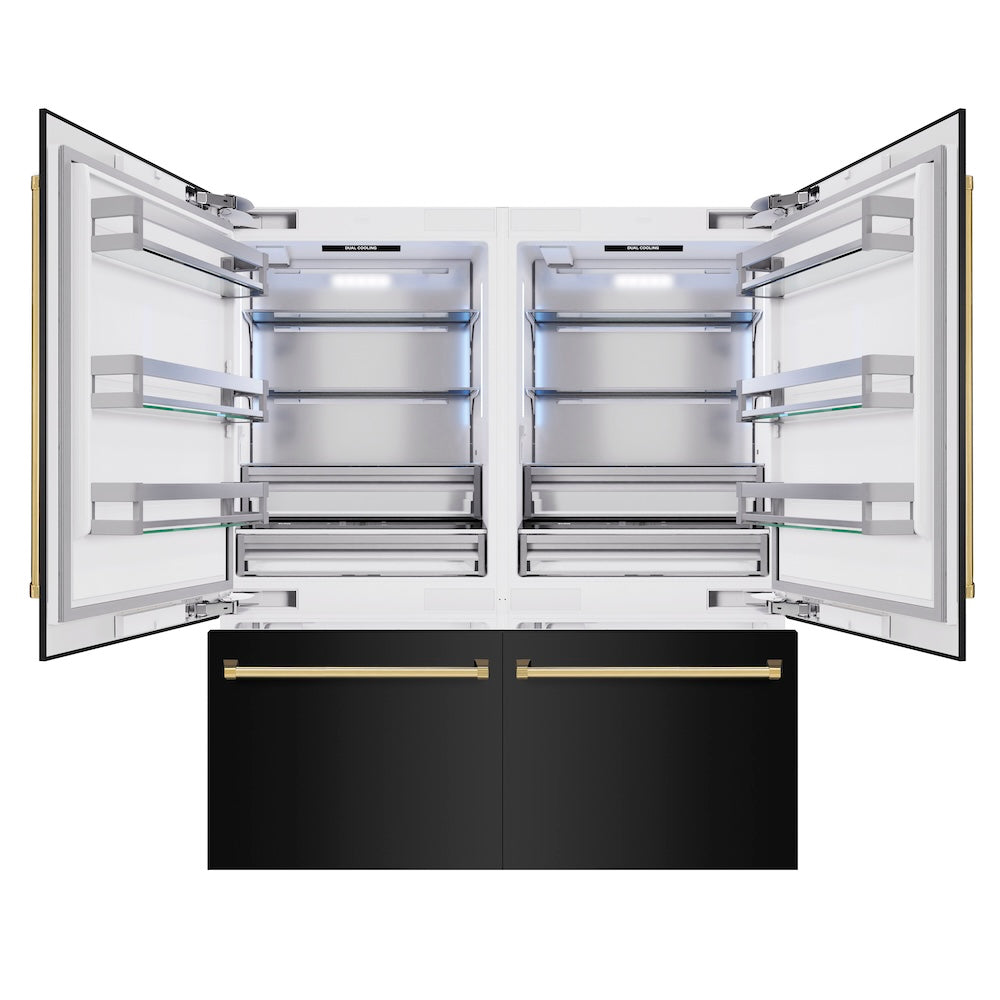ZLINE Autograph Edition 72 in. 39.6 cu. ft. French Door Built-In Bottom Freezer Refrigerator with Water Dispensers and Ice Makers in Black Stainless Steel and Polished Gold Accents (RBITZ-BS-72-G)