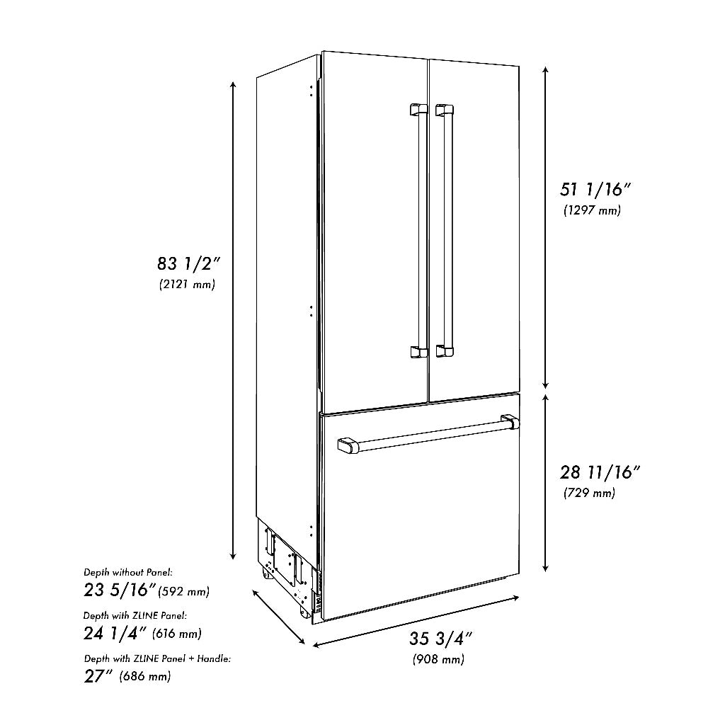 ZLINE 36 in. 19.6 cu. ft. French Door Built-In Bottom Freezer Refrigerator with Water Dispenser and Ice Maker in Black Stainless Steel (RBIV-BS-36)