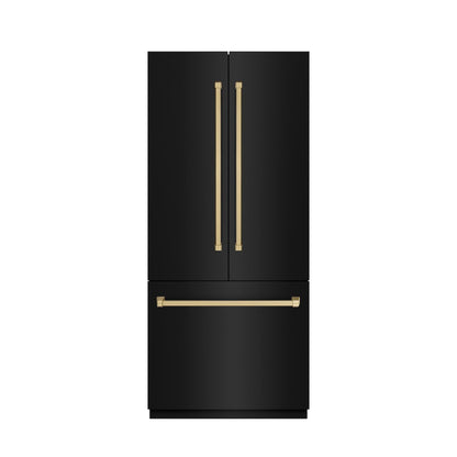 ZLINE Autograph Edition 36 in. 19.6 cu. ft. French Door Built-In Bottom Freezer Refrigerator with Water Dispenser and Ice Maker in Black Stainless Steel with Stainless Steel Interior and Champagne Bronze Accents (SRBIVZ-BS-36-CB)