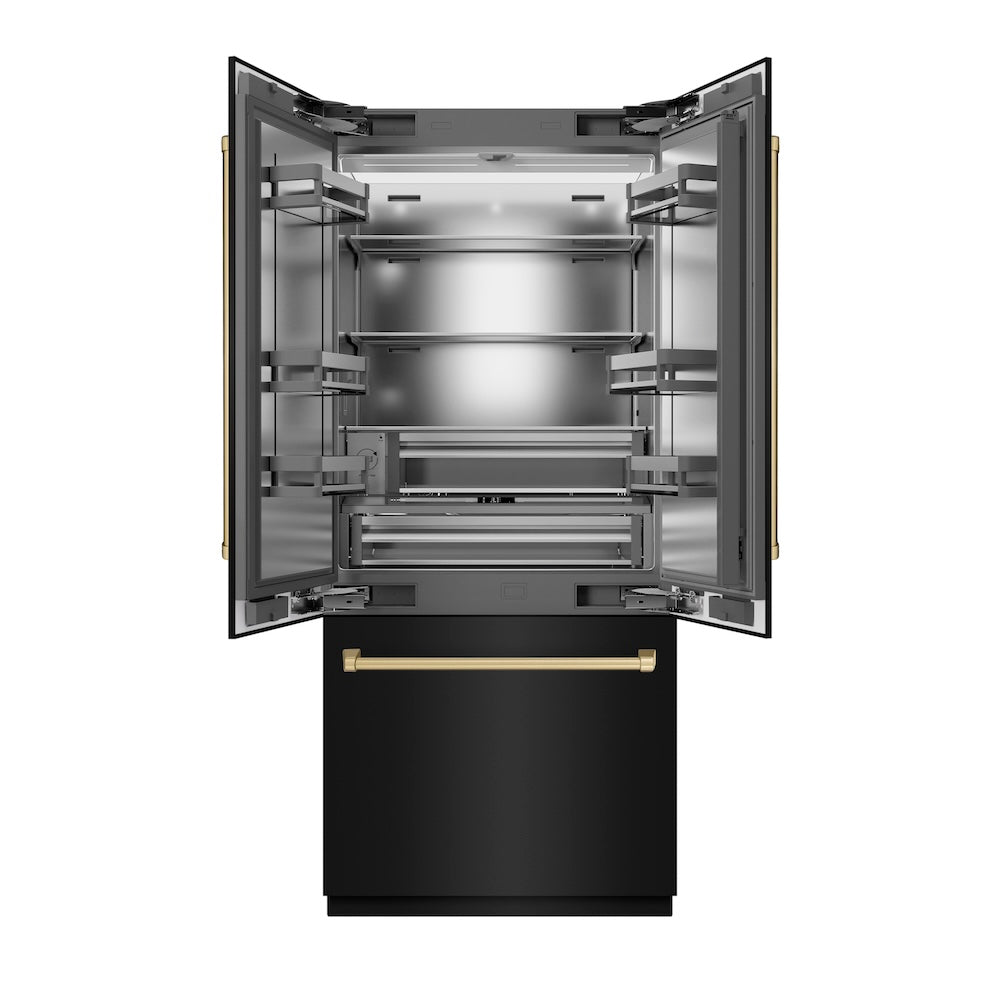ZLINE Autograph Edition 36 in. 19.6 cu. ft. French Door Built-In Bottom Freezer Refrigerator with Water Dispenser and Ice Maker in Black Stainless Steel with Stainless Steel Interior and Champagne Bronze Accents (SRBIVZ-BS-36-CB)
