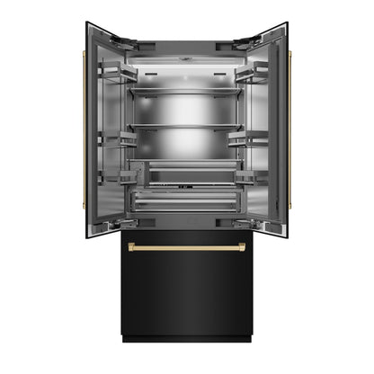 ZLINE Autograph Edition 36 in. 19.6 cu. ft. French Door Built-In Bottom Freezer Refrigerator with Water Dispenser and Ice Maker in Black Stainless Steel with Stainless Steel Interior and Champagne Bronze Accents (SRBIVZ-BS-36-CB)