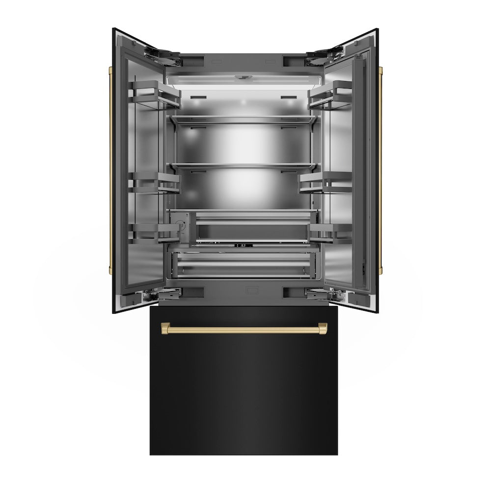 ZLINE Autograph Edition 36 in. 19.6 cu. ft. French Door Built-In Bottom Freezer Refrigerator with Water Dispenser and Ice Maker in Black Stainless Steel with Stainless Steel Interior and Champagne Bronze Accents (SRBIVZ-BS-36-CB)