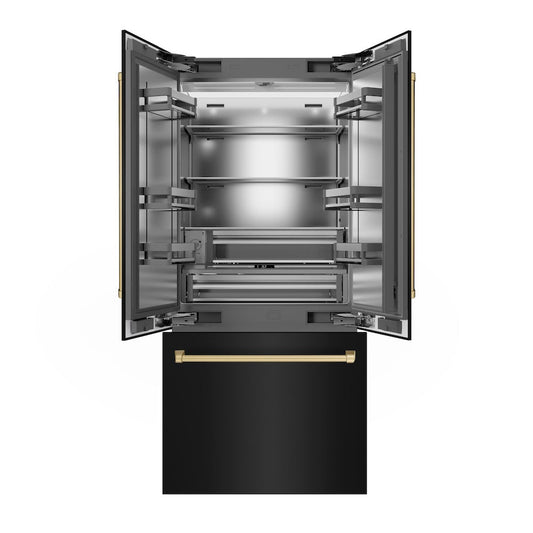 ZLINE Autograph Edition 36 in. 19.6 cu. ft. French Door Built-In Bottom Freezer Refrigerator with Water Dispenser and Ice Maker in Black Stainless Steel with Stainless Steel Interior and Champagne Bronze Accents (SRBIVZ-BS-36-CB)