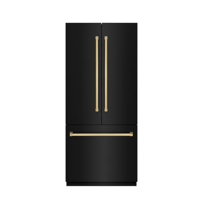 ZLINE Autograph Edition 36 in. 19.6 cu. ft. French Door Built-In Bottom Freezer Refrigerator with Water Dispenser and Ice Maker in Black Stainless Steel with Stainless Steel Interior and Polished Gold Accents (SRBIVZ-BS-36-G)