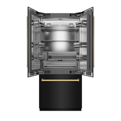 ZLINE Autograph Edition 36 in. 19.6 cu. ft. French Door Built-In Bottom Freezer Refrigerator with Water Dispenser and Ice Maker in Black Stainless Steel with Stainless Steel Interior and Polished Gold Accents (SRBIVZ-BS-36-G)