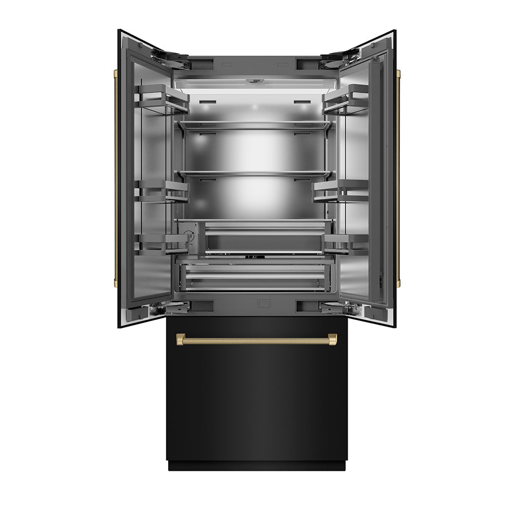 ZLINE Autograph Edition 36 in. 19.6 cu. ft. French Door Built-In Bottom Freezer Refrigerator with Water Dispenser and Ice Maker in Black Stainless Steel with Stainless Steel Interior and Champagne Bronze Helix Handles (SRBIVZ-BS36KCB)