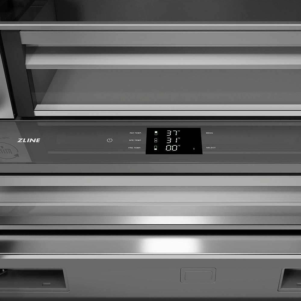 ZLINE Autograph Edition 36 in. 19.6 cu. ft. French Door Built-In Bottom Freezer Refrigerator with Water Dispenser and Ice Maker in Black Stainless Steel with Stainless Steel Interior and Polished Gold Helix Handles (SRBIVZ-BS36KG)