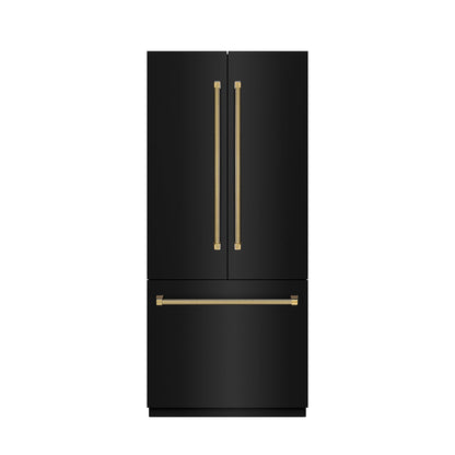 ZLINE Autograph Edition 36 in. 19.6 cu. ft. French Door Built-In Bottom Freezer Refrigerator with Water Dispenser and Ice Maker in Black Stainless Steel with Stainless Steel Interior and Polished Gold Helix Handles (SRBIVZ-BS36KG)
