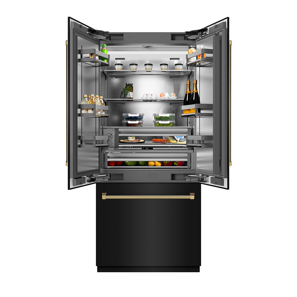 ZLINE Autograph Edition 36 in. 19.6 cu. ft. French Door Built-In Bottom Freezer Refrigerator with Water Dispenser and Ice Maker in Black Stainless Steel with Stainless Steel Interior and Polished Gold Helix Handles (SRBIVZ-BS36KG)