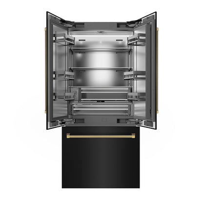 ZLINE Autograph Edition 36 in. 19.6 cu. ft. French Door Built-In Bottom Freezer Refrigerator with Water Dispenser and Ice Maker in Black Stainless Steel with Stainless Steel Interior and Polished Gold Helix Handles (SRBIVZ-BS36KG)