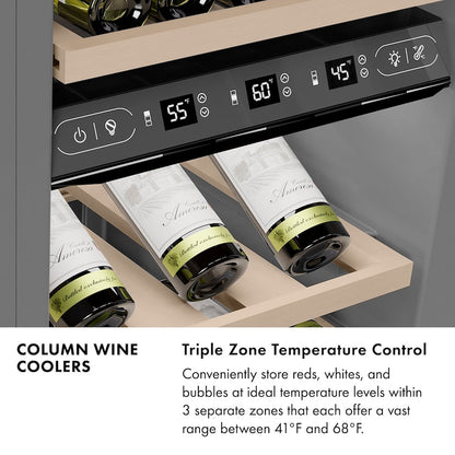 ZLINE Autograph Edition 24 in. 12.4 cu. ft. Triple Zone 100 Bottle Column Wine Cooler in White Matte and Polished Gold Accents (RCWVZ-WM-24-G)