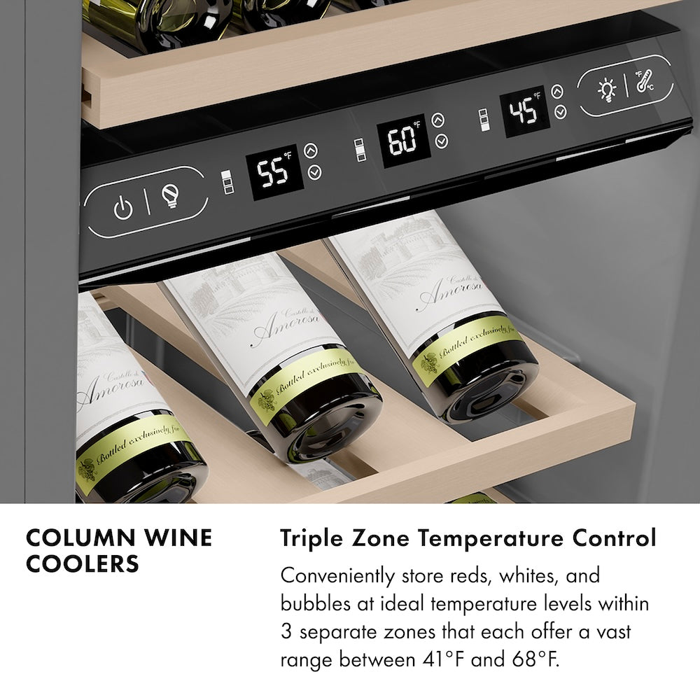ZLINE Autograph Edition 24 in. 12.4 cu. ft. Triple Zone 100 Bottle Column Wine Cooler in Stainless Steel and Polished Gold Accents (RCWVZ-304-24-G)