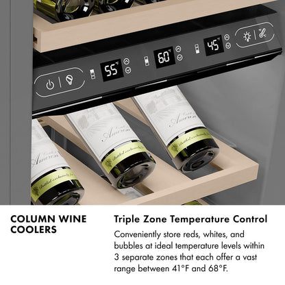 ZLINE Autograph Edition 18 in. 9.0 cu. ft. Triple Zone 68 Bottle Left Hinge Column Wine Cooler in Satin Stainless Steel with Polished Gold Accents (RCWVLZ-SN-18-G)