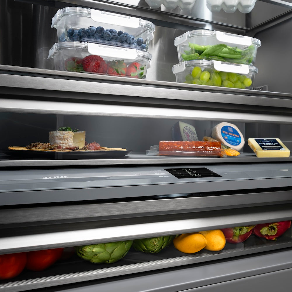 ZLINE Autograph Edition 30 in. 16.1 cu. ft. Built-In Bottom Freezer Refrigerator with Water Dispenser and Ice Maker in Satin Stainless Steel with Graphite Gray Interior and Champagne Bronze Accents (GRBIVZ-SN-30-CB)