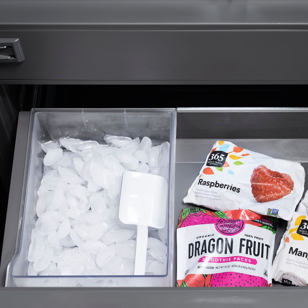 ZLINE Autograph Edition 30 in. 16.1 cu. ft. Built-In Bottom Freezer Refrigerator with Water Dispenser and Ice Maker in Satin Stainless Steel with Graphite Gray Interior and Champagne Bronze Accents (GRBIVZ-SN-30-CB)