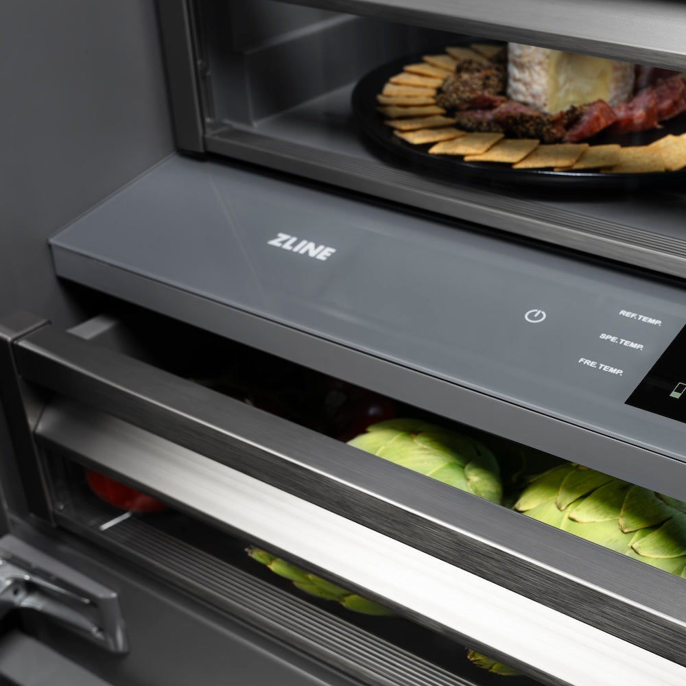 ZLINE Autograph Edition 30 in. 16.1 cu. ft. Built-In Bottom Freezer Refrigerator with Water Dispenser and Ice Maker in Satin Stainless Steel with Graphite Gray Interior and Matte Black Accents (GRBIVZ-SN-30-MB)