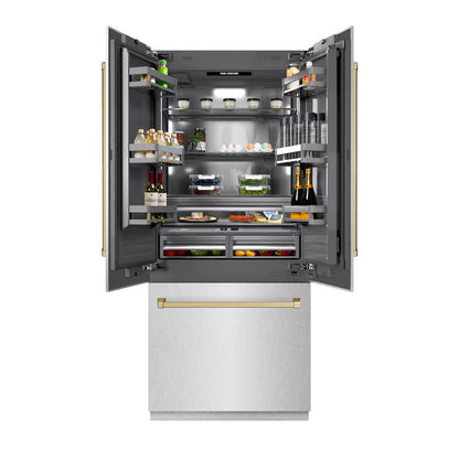 ZLINE Autograph Edition 36 in. 19.6 cu. ft. French Door Built-In Bottom Freezer Refrigerator with Water Dispenser and Ice Maker in Satin Stainless Steel with Graphite Gray Interior and Champagne Bronze Accents (GRBIVZ-SN-36-CB)
