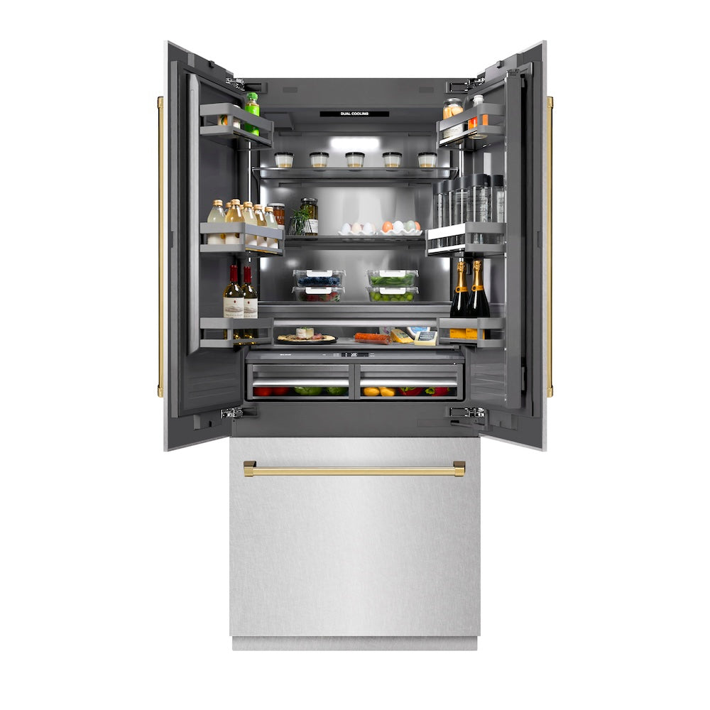 ZLINE Autograph Edition 36 in. 19.6 cu. ft. French Door Built-In Bottom Freezer Refrigerator with Water Dispenser and Ice Maker in Satin Stainless Steel with Graphite Gray Interior and Polished Gold Accents (GRBIVZ-SN-36-G)