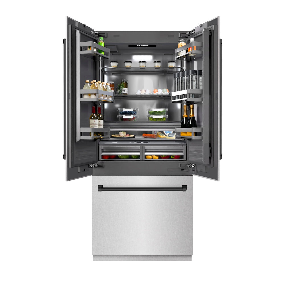 ZLINE Autograph Edition 36 in. 19.6 cu. ft. French Door Built-In Bottom Freezer Refrigerator with Water Dispenser and Ice Maker in Satin Stainless Steel with Graphite Gray Interior and Matte Black Accents (GRBIVZ-SN-36-MB)