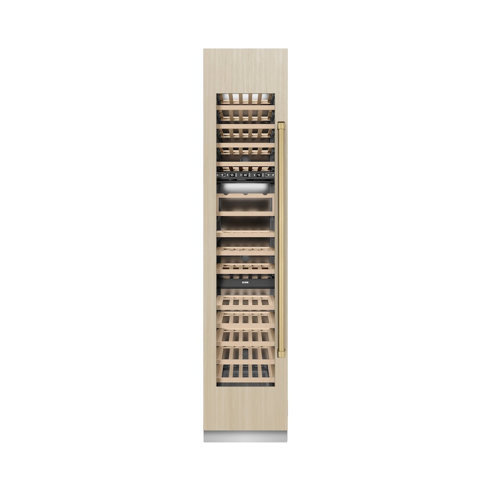 ZLINE Autograph Edition 18 in. 9.0 cu. ft. Triple Zone 68 Bottle Panel Ready Left Hinge Column Wine Cooler with Champagne Bronze Accents (RBCWVLZ-18-CB)