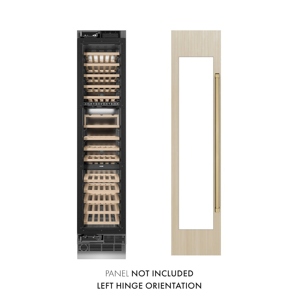 ZLINE Autograph Edition 18 in. 9.0 cu. ft. Triple Zone 68 Bottle Panel Ready Left Hinge Column Wine Cooler with Champagne Bronze Accents (RBCWVLZ-18-CB)