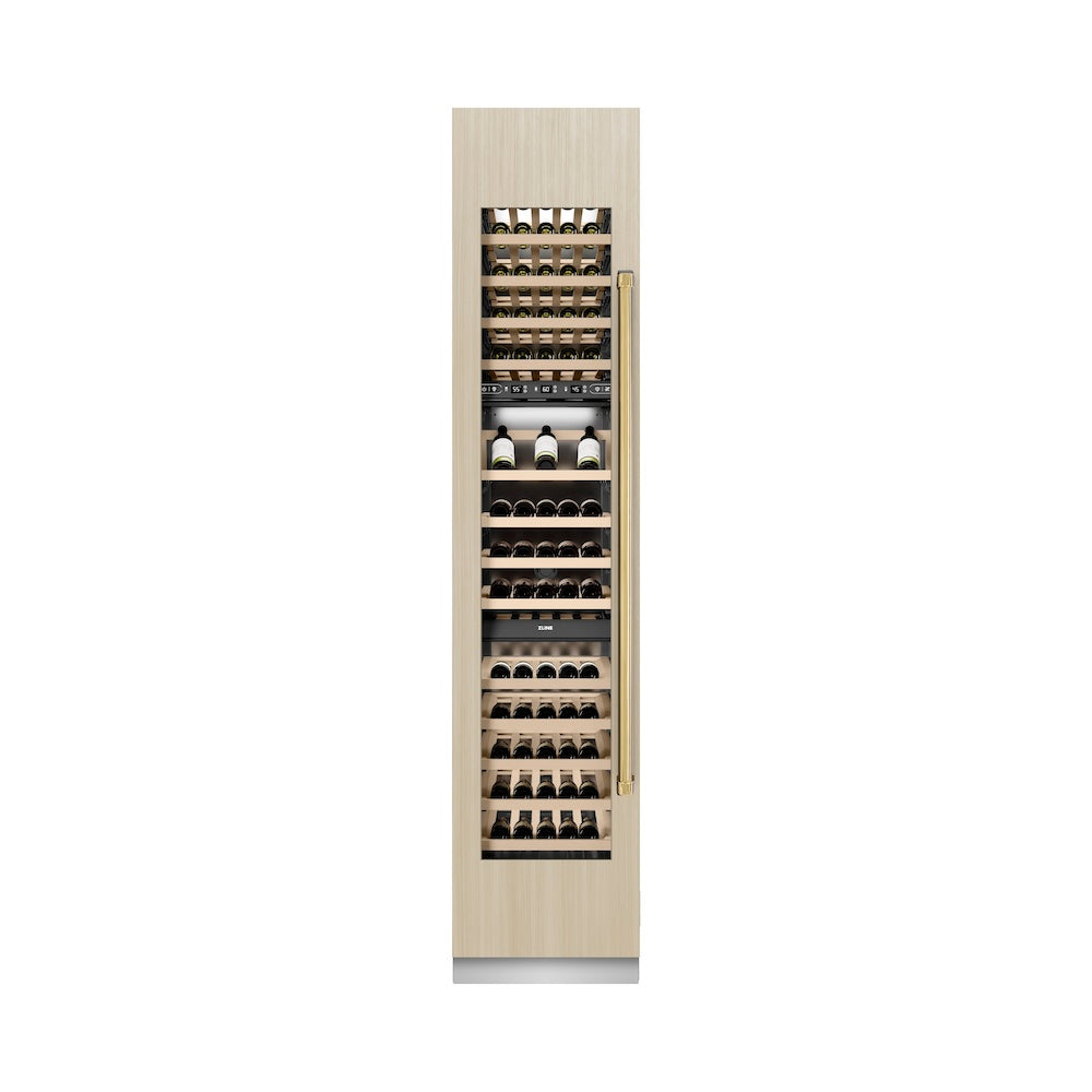 ZLINE Autograph Edition 18 in. 9.0 cu. ft. Triple Zone 68 Bottle Panel Ready Left Hinge Column Wine Cooler with Polished Gold Accents (RBCWVLZ-18-G)