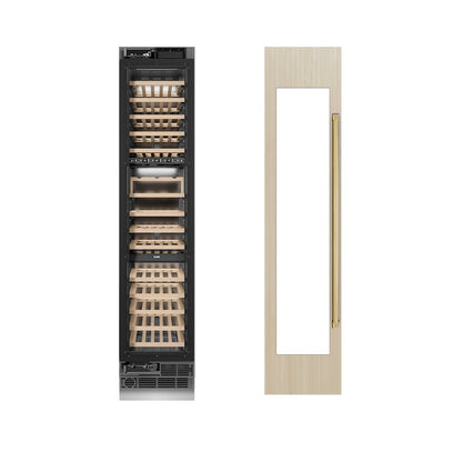 ZLINE Autograph Edition 18 in. 9.0 cu. ft. Triple Zone 68 Bottle Panel Ready Left Hinge Column Wine Cooler with Polished Gold Accents (RBCWVLZ-18-G)