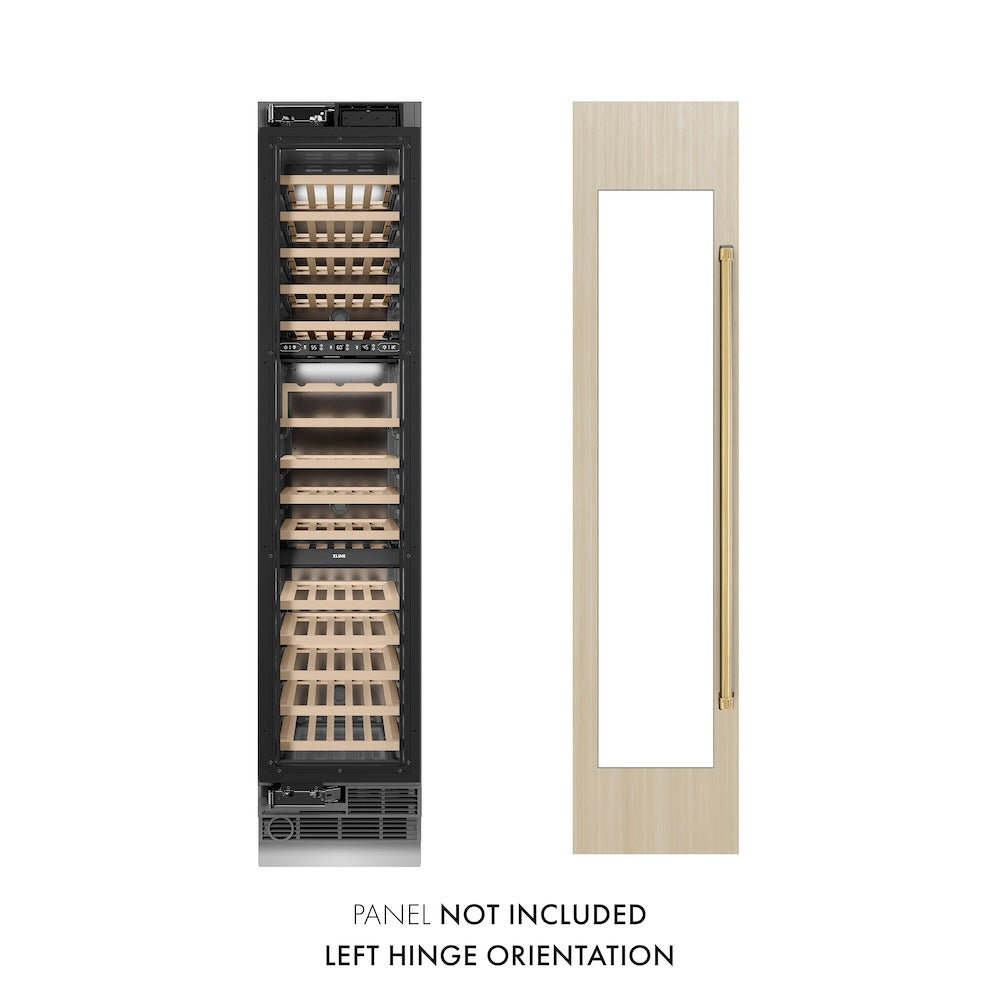 ZLINE Autograph Edition 18 in. 9.0 cu. ft. Triple Zone 68 Bottle Panel Ready Left Hinge Column Wine Cooler with Polished Gold Accents (RBCWVLZ-18-G)