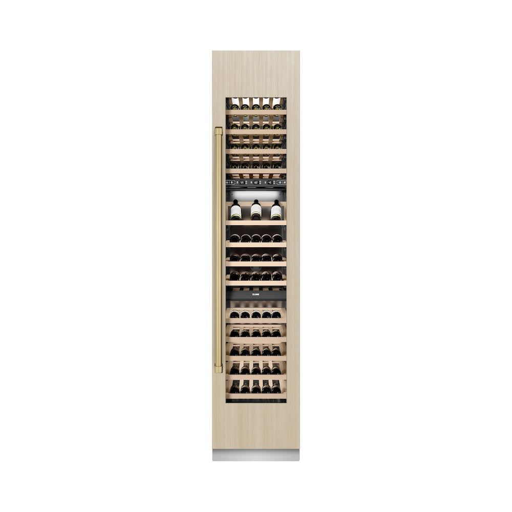 ZLINE Autograph Edition 18 in. 9.0 cu. ft. Triple Zone 68 Bottle Panel Ready Right Hinge Column Wine Cooler with Champagne Bronze Accents (RBCWVRZ-18-CB)