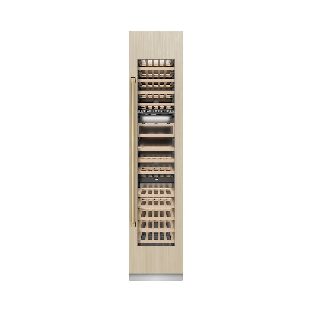 ZLINE Autograph Edition 18 in. 9.0 cu. ft. Triple Zone 68 Bottle Panel Ready Right Hinge Column Wine Cooler with Champagne Bronze Accents (RBCWVRZ-18-CB)