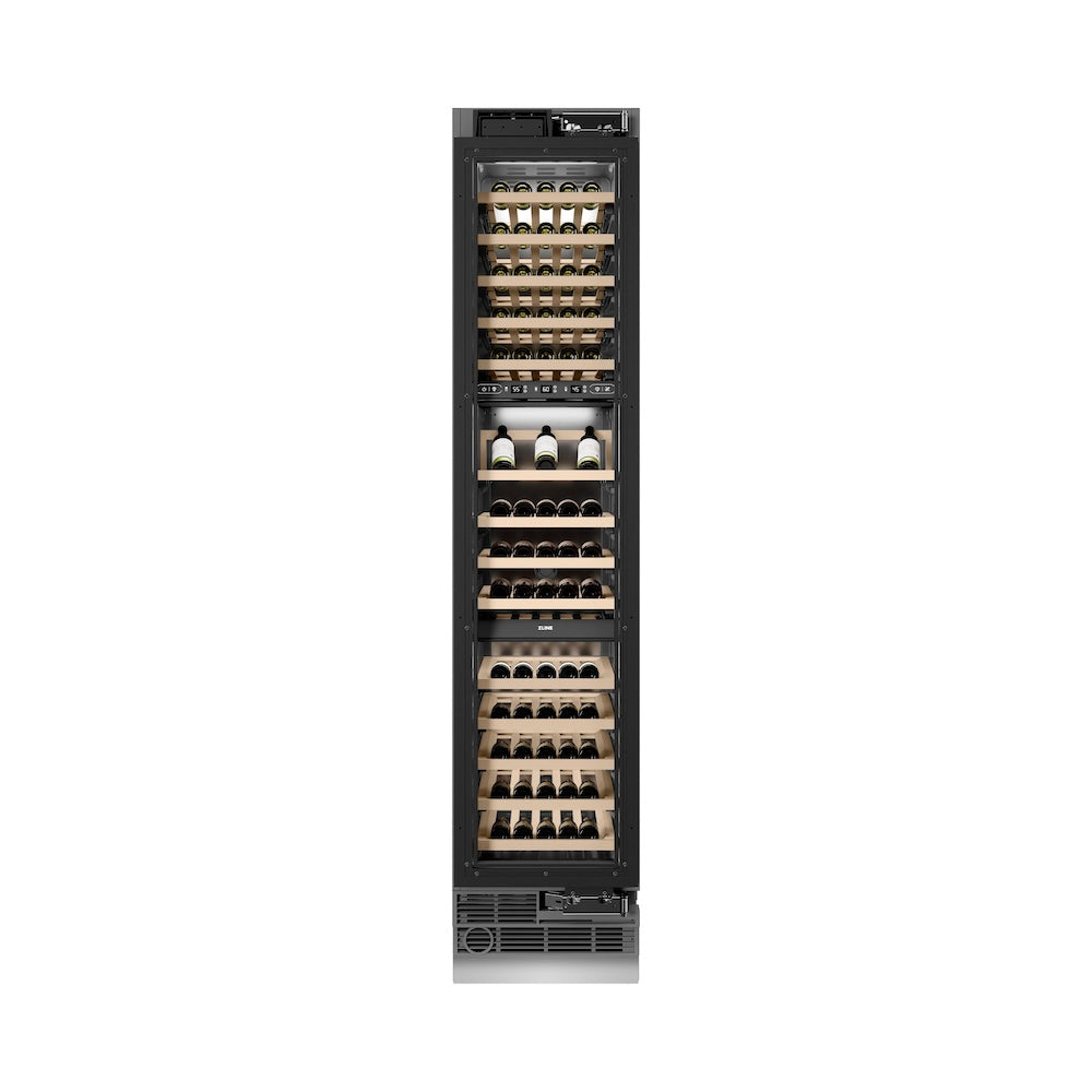 ZLINE Autograph Edition 18 in. 9.0 cu. ft. Triple Zone 68 Bottle Panel Ready Right Hinge Column Wine Cooler with Champagne Bronze Accents (RBCWVRZ-18-CB)