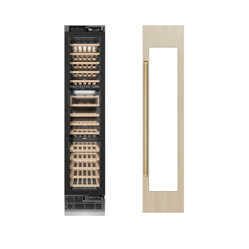 ZLINE Autograph Edition 18 in. 9.0 cu. ft. Triple Zone 68 Bottle Panel Ready Right Hinge Column Wine Cooler with Champagne Bronze Accents (RBCWVRZ-18-CB)