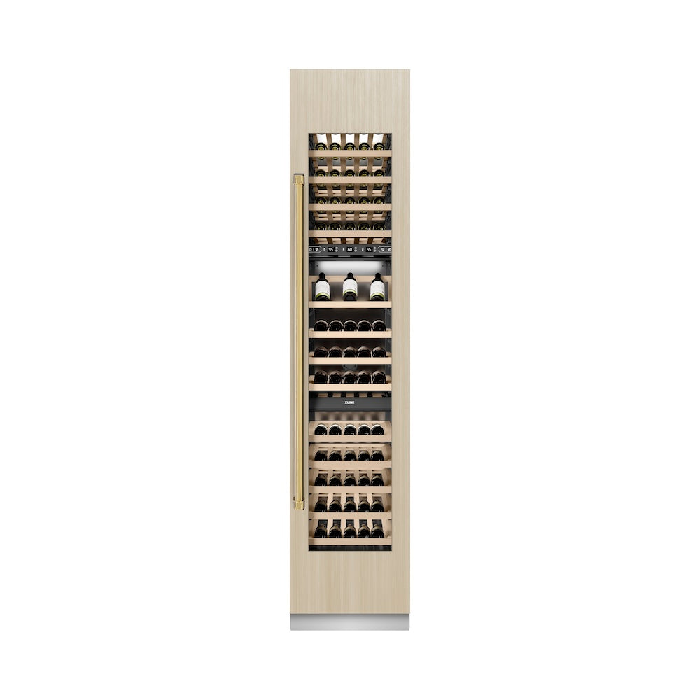 ZLINE Autograph Edition 18 in. 9.0 cu. ft. Triple Zone 68 Bottle Panel Ready Right Hinge Column Wine Cooler with Polished Gold Accents (RBCWVRZ-18-G)