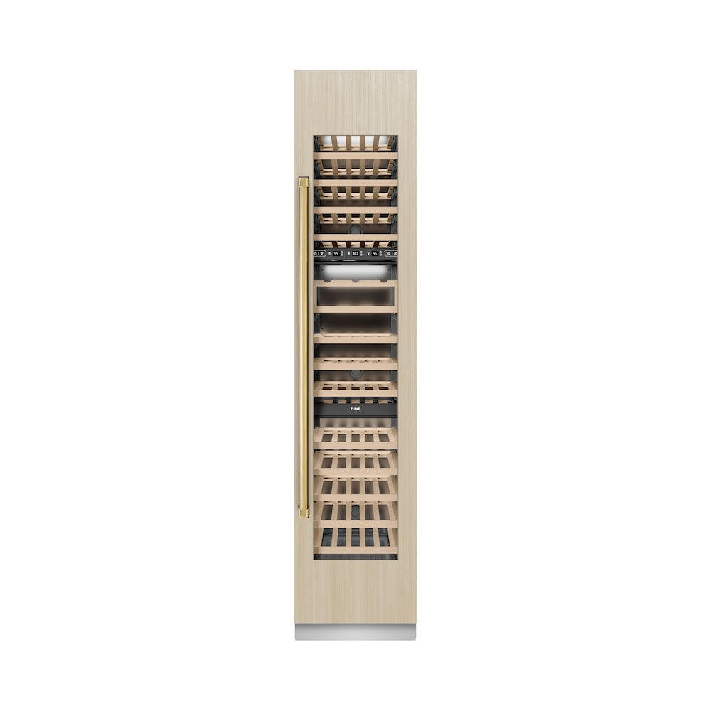 ZLINE Autograph Edition 18 in. 9.0 cu. ft. Triple Zone 68 Bottle Panel Ready Right Hinge Column Wine Cooler with Polished Gold Accents (RBCWVRZ-18-G)