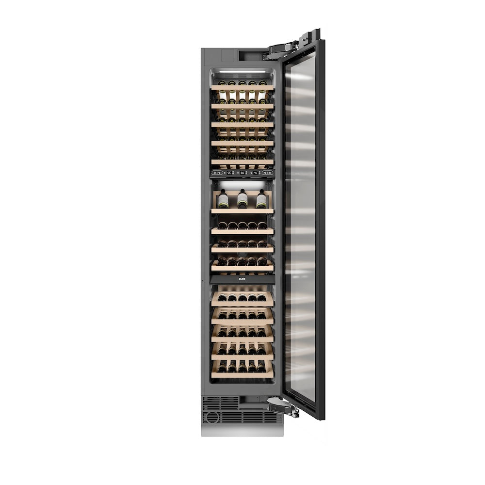 ZLINE Autograph Edition 18 in. 9.0 cu. ft. Triple Zone 68 Bottle Panel Ready Right Hinge Column Wine Cooler with Polished Gold Accents (RBCWVRZ-18-G)