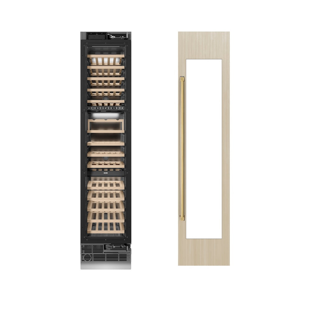 ZLINE Autograph Edition 18 in. 9.0 cu. ft. Triple Zone 68 Bottle Panel Ready Right Hinge Column Wine Cooler with Polished Gold Accents (RBCWVRZ-18-G)