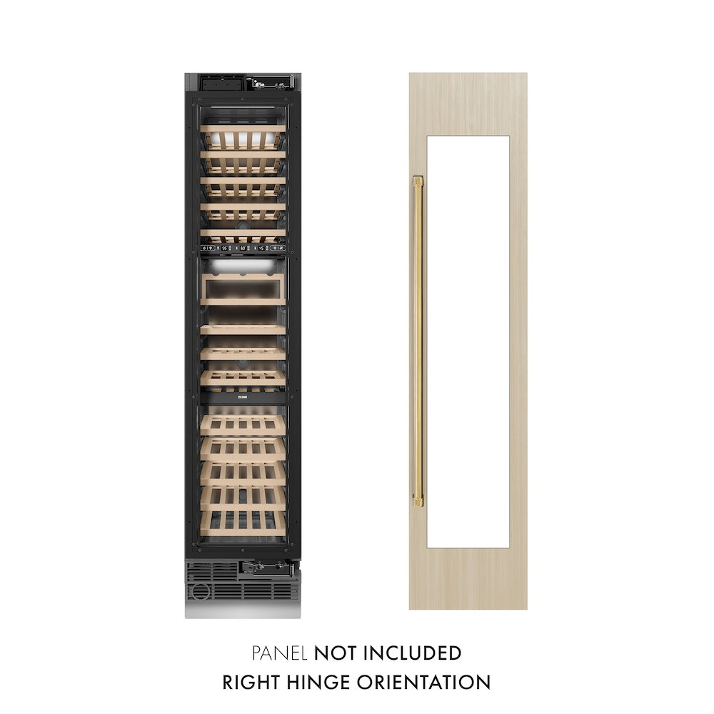 ZLINE Autograph Edition 18 in. 9.0 cu. ft. Triple Zone 68 Bottle Panel Ready Right Hinge Column Wine Cooler with Polished Gold Accents (RBCWVRZ-18-G)