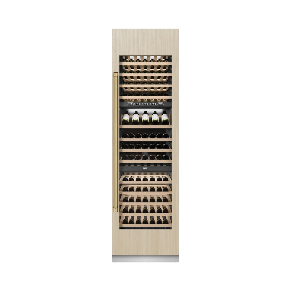 ZLINE Autograph Edition 24 in. 12.4 cu. ft. Triple Zone 100 Bottle Panel Ready Column Wine Cooler with Champagne Bronze Accents (RBCWVZ-24-CB)