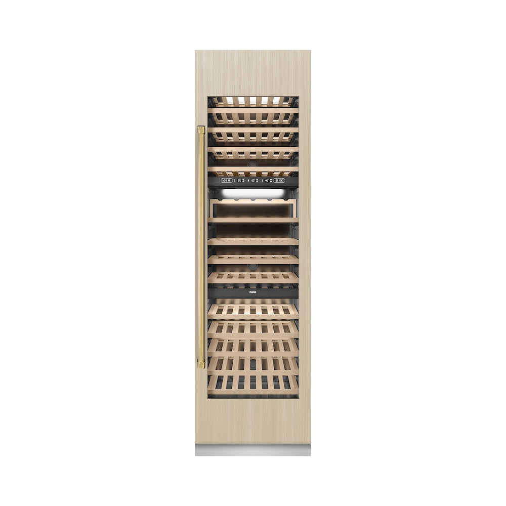 ZLINE Autograph Edition 24 in. 12.4 cu. ft. Triple Zone 100 Bottle Panel Ready Column Wine Cooler with Polished Gold Accents (RBCWVZ-24-G)