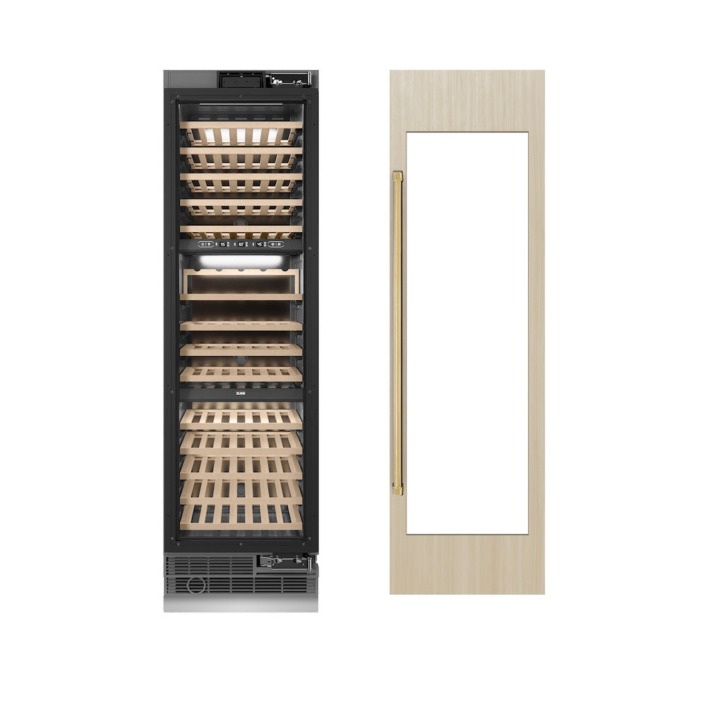 ZLINE Autograph Edition 24 in. 12.4 cu. ft. Triple Zone 100 Bottle Panel Ready Column Wine Cooler with Polished Gold Accents (RBCWVZ-24-G)