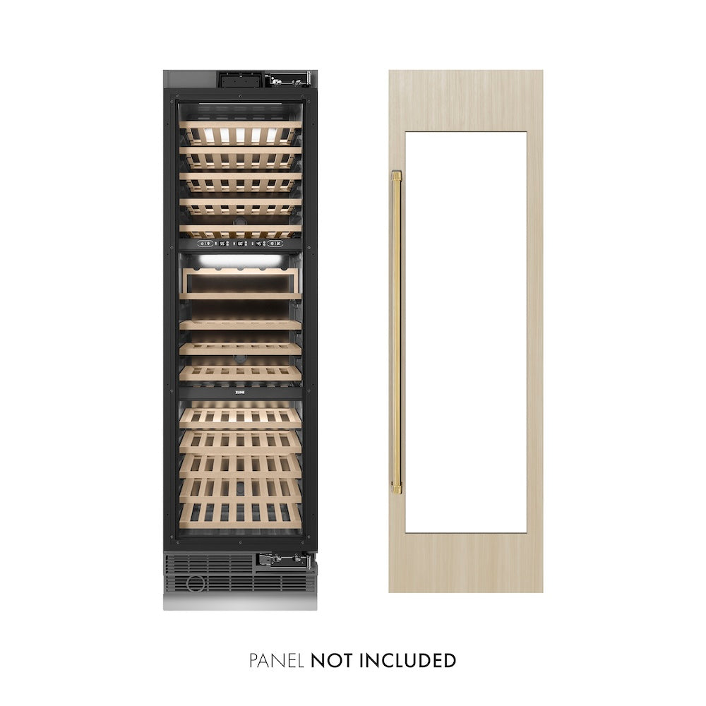 ZLINE Autograph Edition 24 in. 12.4 cu. ft. Triple Zone 100 Bottle Panel Ready Column Wine Cooler with Polished Gold Accents (RBCWVZ-24-G)