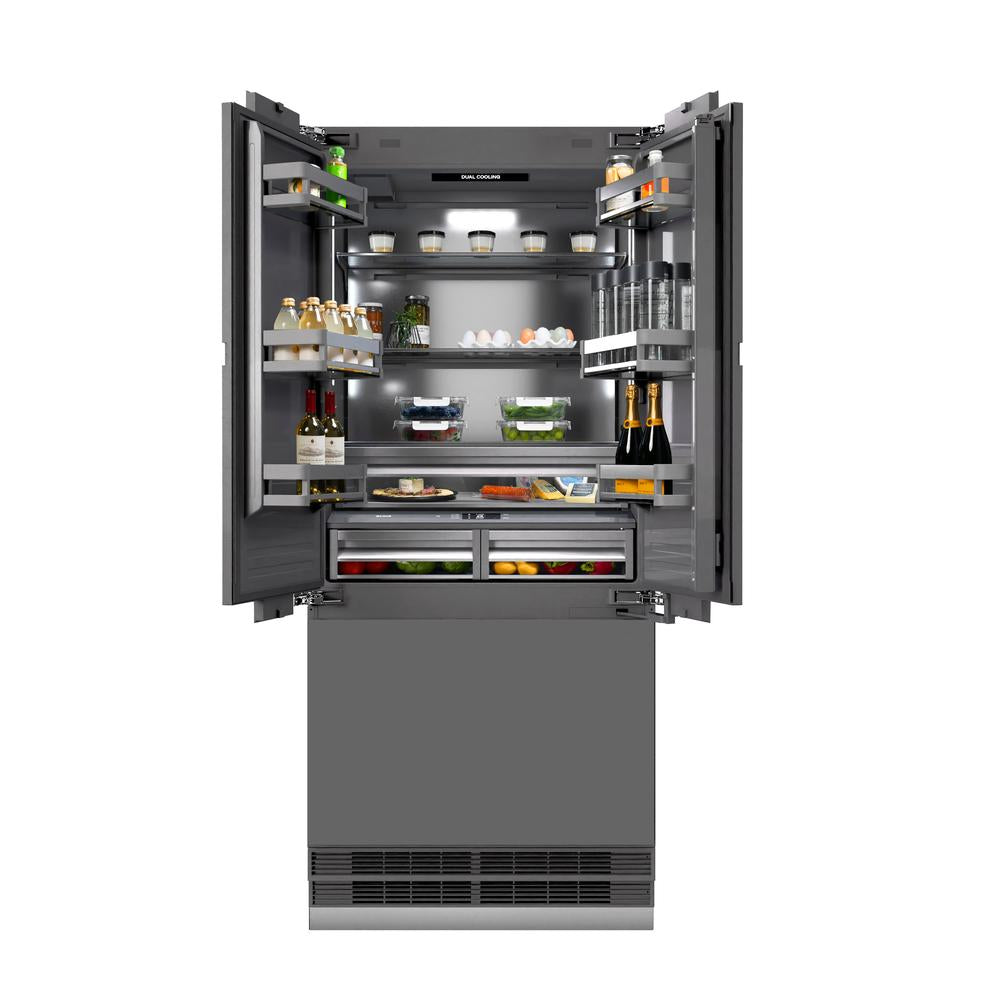 ZLINE Autograph Edition 36 in. 19.6 cu. ft. Panel Ready French Door Built-In Bottom Freezer Refrigerator with Water Dispenser and Ice Maker with Graphite Gray Interior and Matte Black Accents (GRBIVZ-36-MB)