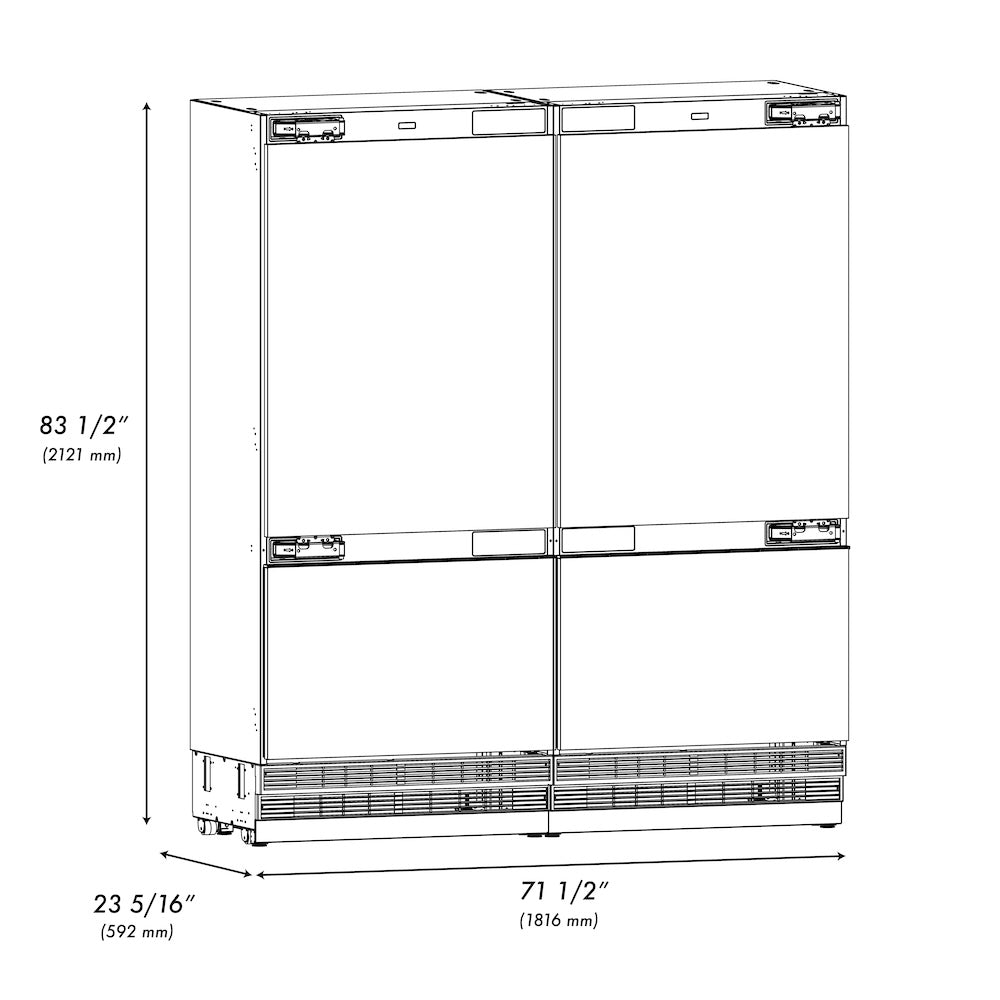 ZLINE 72 in. 39.6 cu. ft. Panel Ready French Door Built-In Bottom Freezer Refrigerator with Water Dispensers and Ice Makers (RBIT-72)
