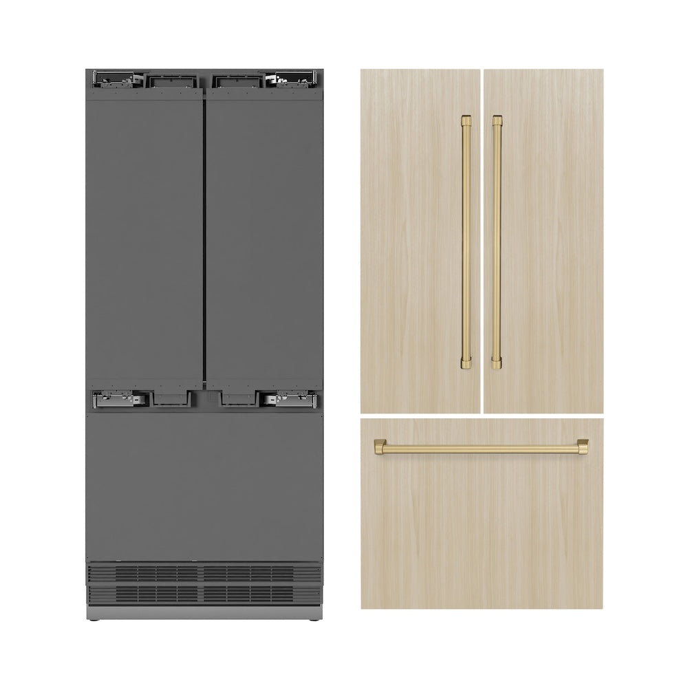 ZLINE Autograph Edition 36 in. 19.6 cu. ft. Panel Ready French Door Built-In Bottom Freezer Refrigerator with Water Dispenser and Ice Maker with Stainless Steel Interior and Champagne Bronze Accents (SRBIVZ-36-CB)