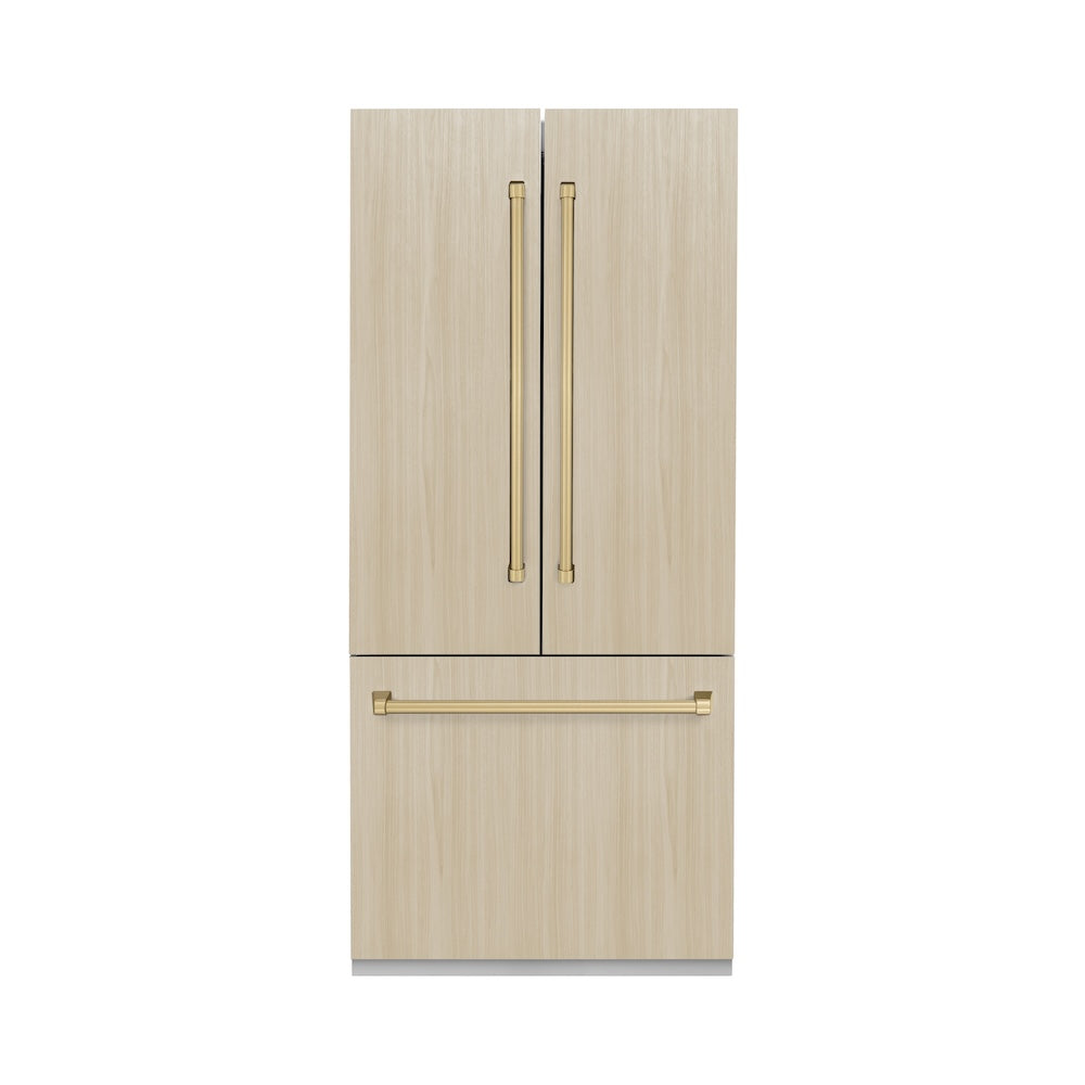 ZLINE Autograph Edition 36 in. 19.6 cu. ft. Panel Ready French Door Built-In Bottom Freezer Refrigerator with Water Dispenser and Ice Maker with Stainless Steel Interior and Champagne Bronze Accents (SRBIVZ-36-CB)