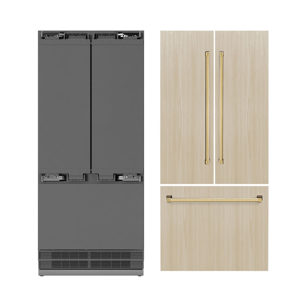ZLINE Autograph Edition 36 in. 19.6 cu. ft. Panel Ready French Door Built-In Bottom Freezer Refrigerator with Water Dispenser and Ice Maker with Stainless Steel Interior and Polished Gold Accents (SRBIVZ-36-G)