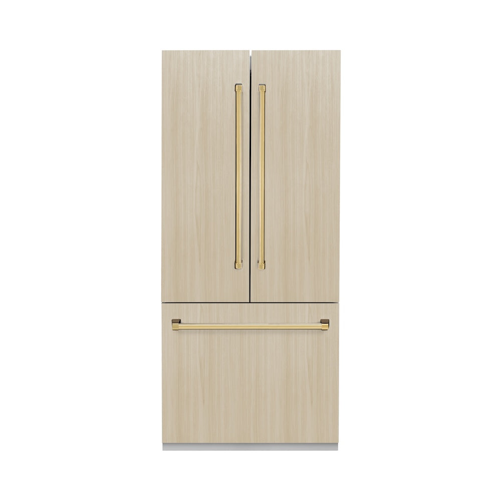 ZLINE Autograph Edition 36 in. 19.6 cu. ft. Panel Ready French Door Built-In Bottom Freezer Refrigerator with Water Dispenser and Ice Maker with Stainless Steel Interior and Polished Gold Accents (SRBIVZ-36-G)